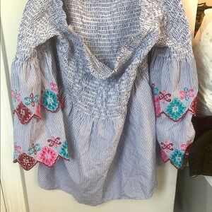 LOFT Blue off shoulder Striped Top Embroidered fall or summer date night
